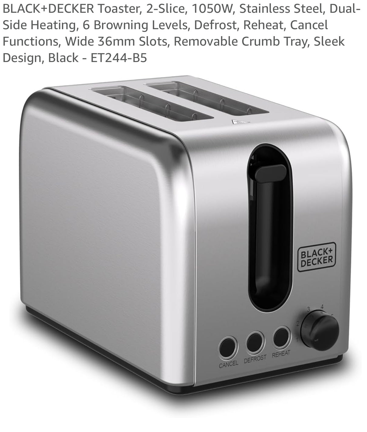 BLACK+DECKER Toaster, 2-Slice, 1050W, Stainless Steel