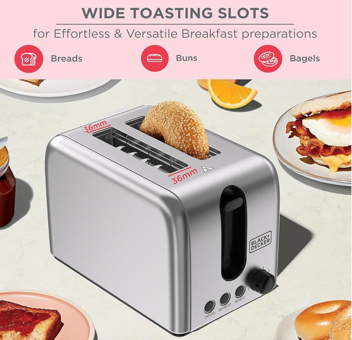 BLACK+DECKER Toaster, 2-Slice, 1050W, Stainless Steel