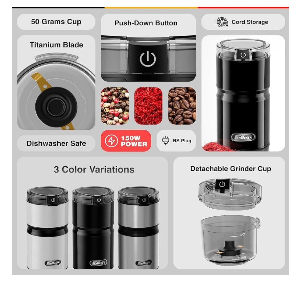 Feller Germany, Electric Coffee Grinder, 150W Premium Titanium-Coated Blade