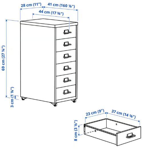 IKEA HELMER Drawer unit on casters, white, 28x69 cm (11x27 1/8 ")