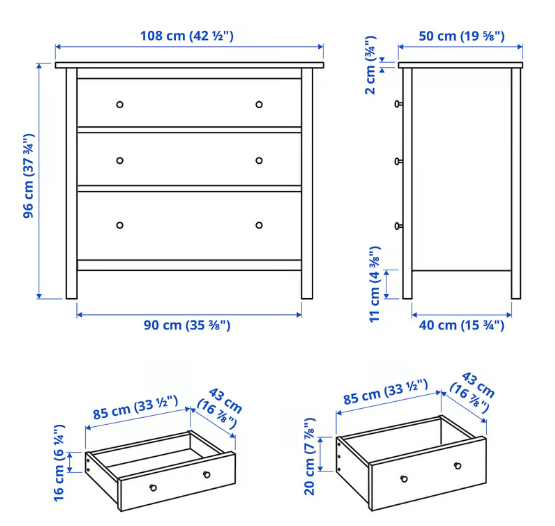 IKEA HEMNES Chest of 3 drawers, white stain, 108x96 cm