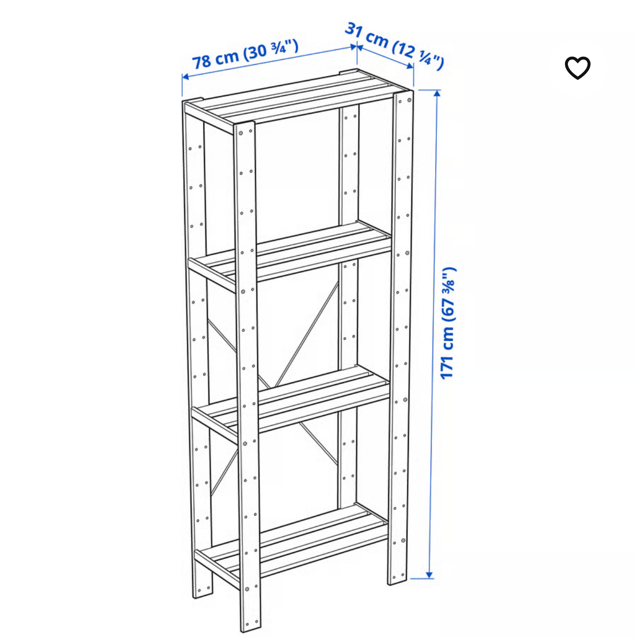 Wooden shelf in natural pine, 78x31x171 cm (small)