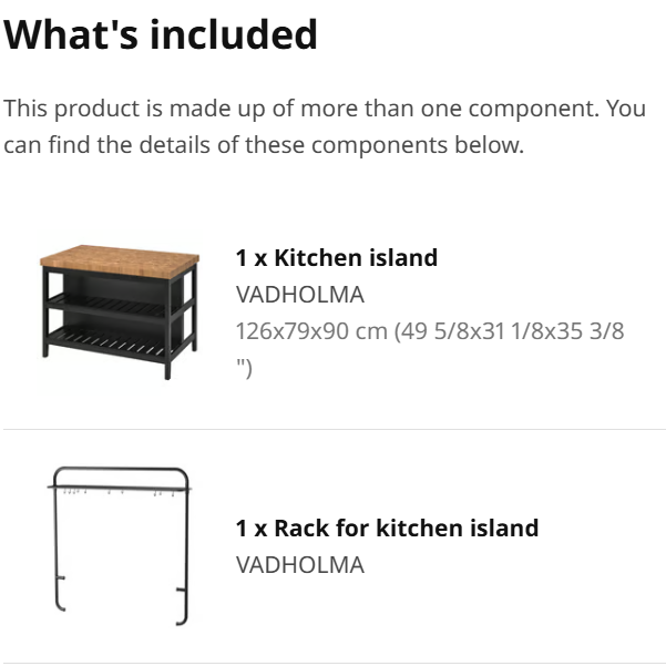 IKEA VADHOLMA Kitchen island with rack, black/oak, 126x79x193 cm