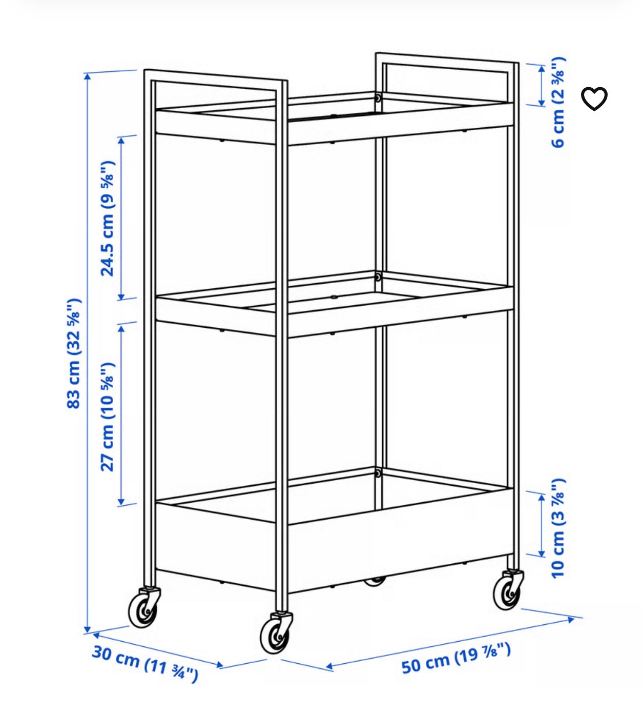 IKEA NISSAFORS Utility cart, black, 50.5x30x83 cm (19 7/8x11 3/4x32 5/8 ")