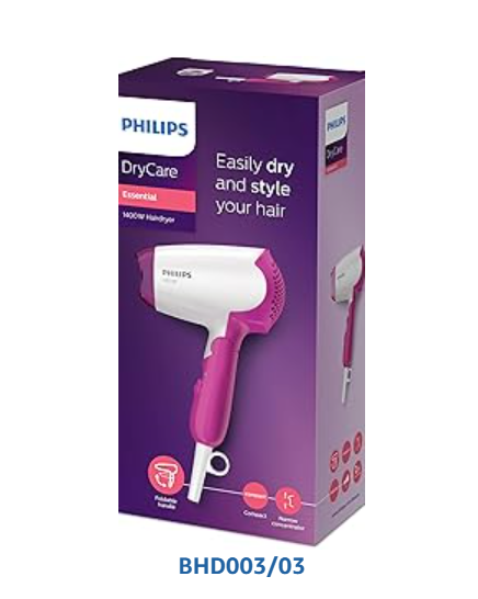 PHILIPS BHD003 Hairdryer DryCare Essential, 1400W, White/Pink