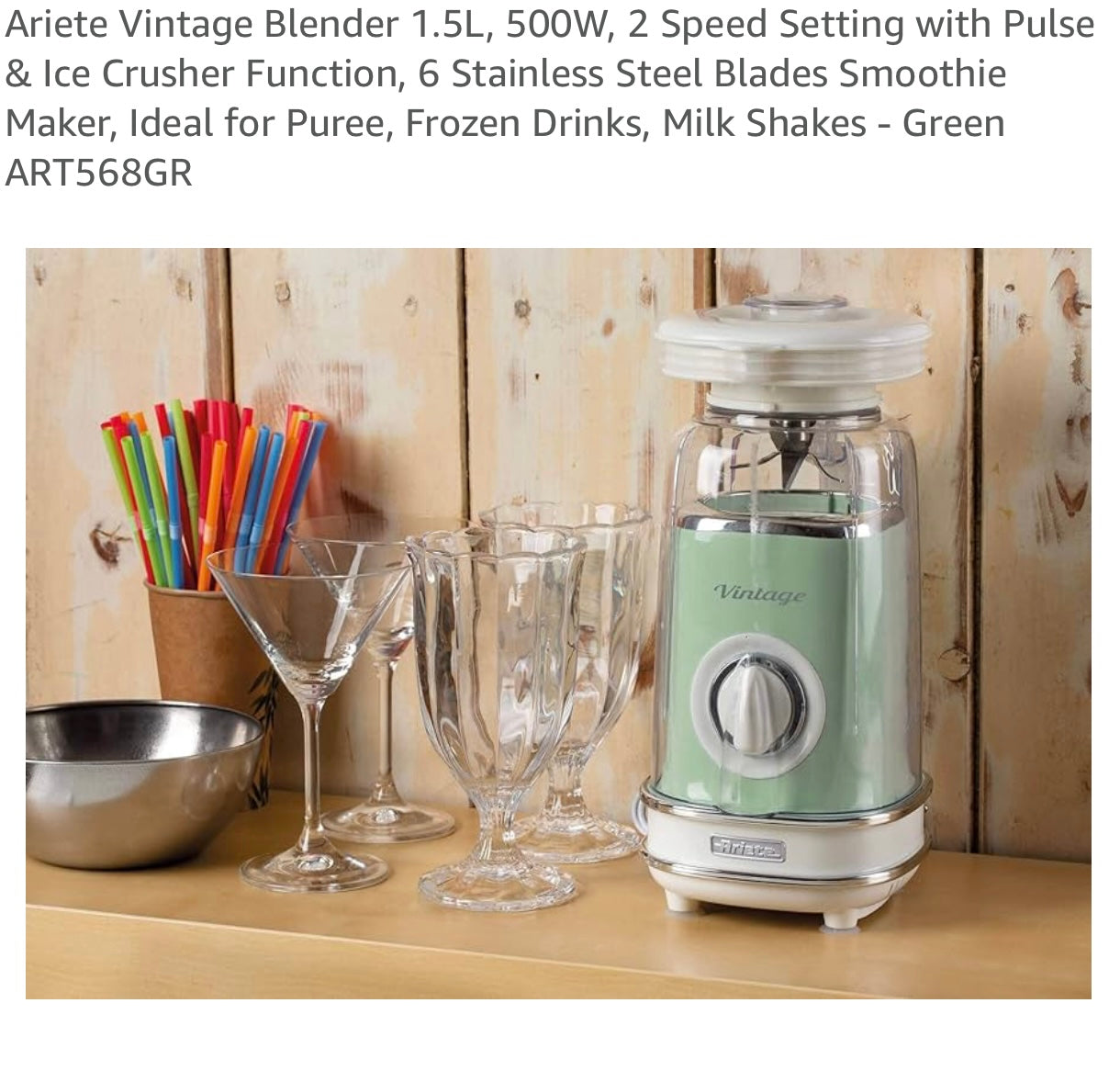 Ariete Vintage Blender 1.5L, 500W, 2 Speed Ice Crusher Function