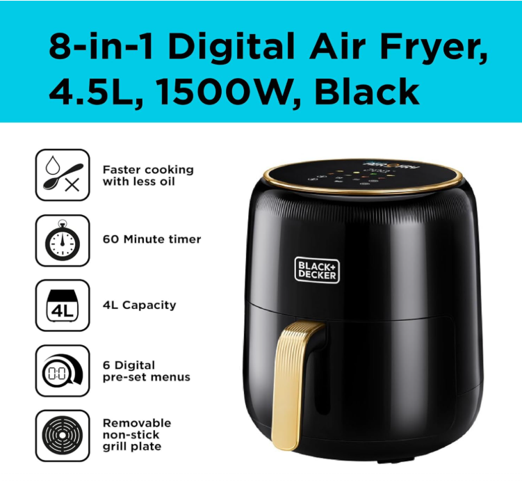 BLACK+DECKER 8-in-1 Digital Air Fryer, 4.5L Non-Stick Basket, 1500W