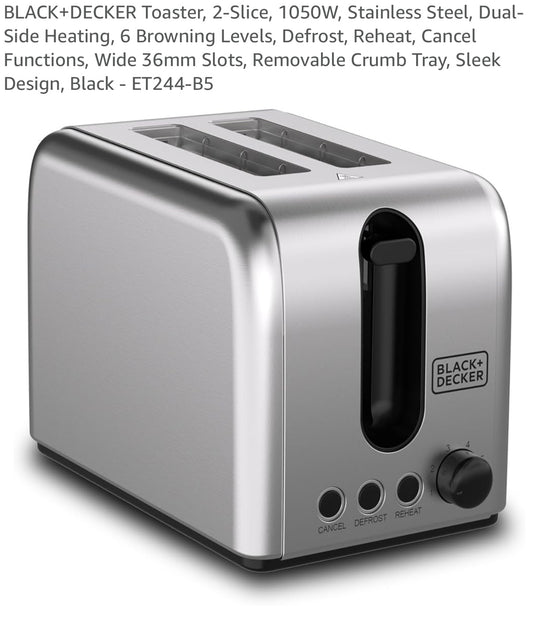 BLACK+DECKER Toaster, 2-Slice, 1050W, Stainless Steel