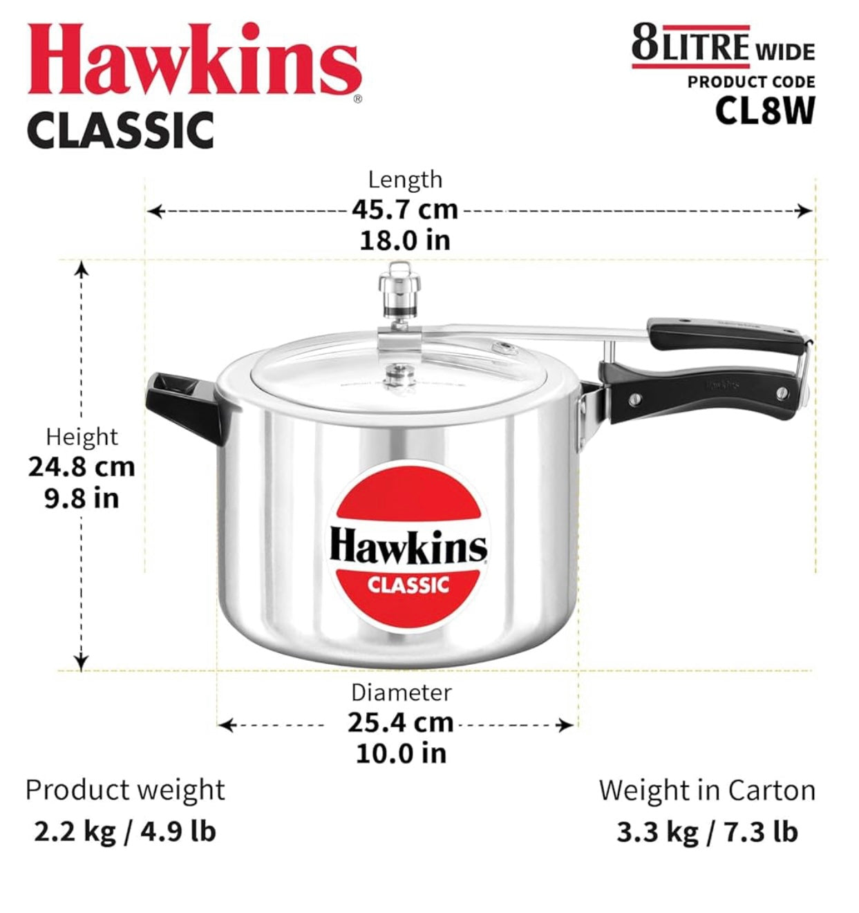 Hawkins Classic 8L Jumbo Pressure Cooker (Cl8W) Silver