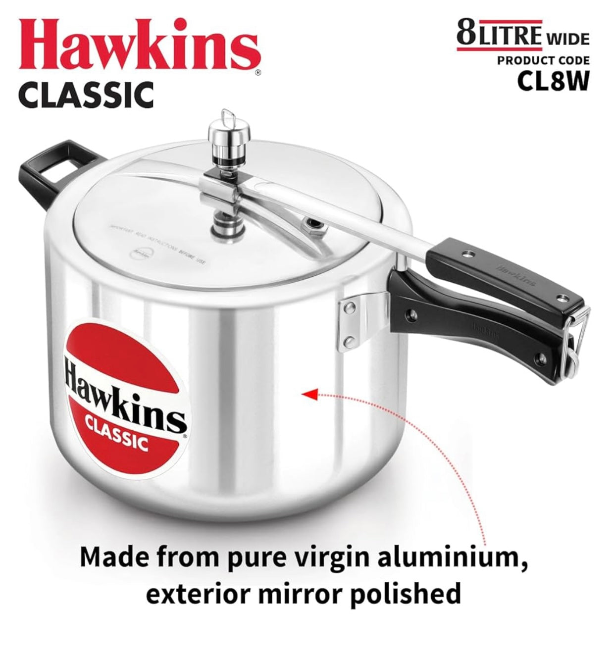 Hawkins Classic 8L Jumbo Pressure Cooker (Cl8W) Silver