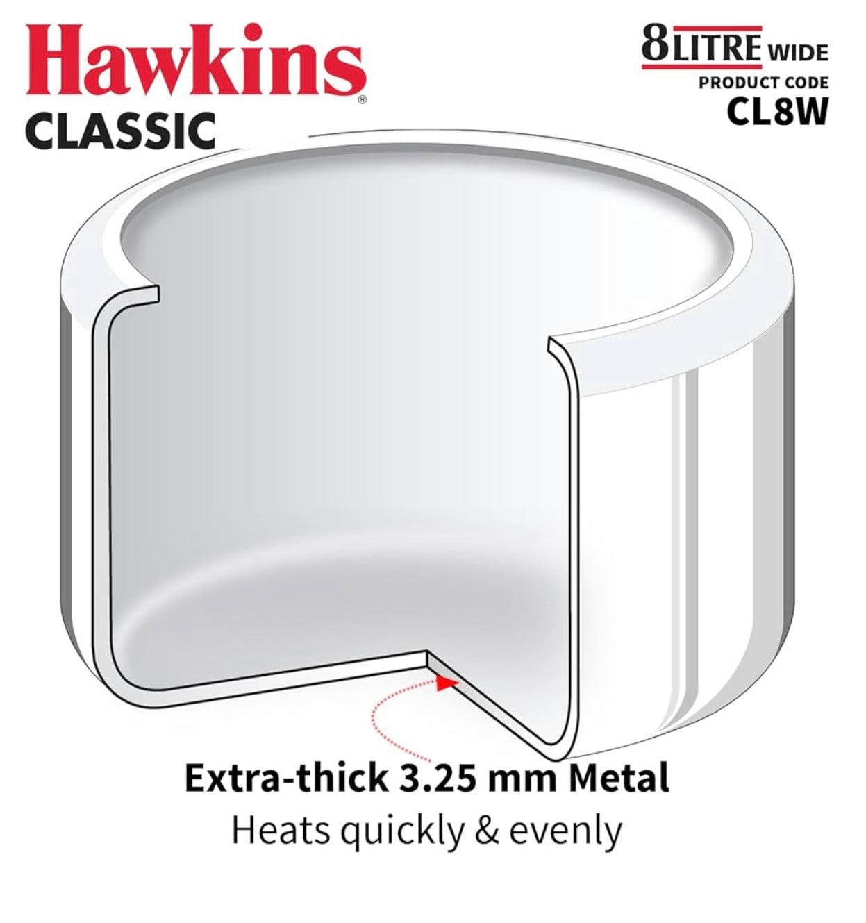 Hawkins Classic 8L Jumbo Pressure Cooker (Cl8W) Silver