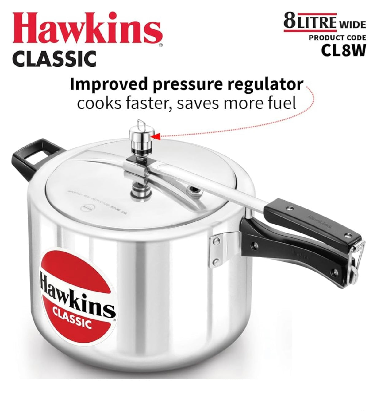 Hawkins Classic 8L Jumbo Pressure Cooker (Cl8W) Silver